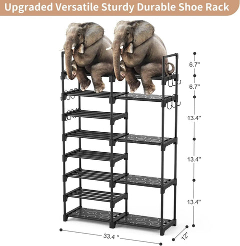 8 Tier Metal Shoe Rack Organizer For Closet, Entryway Or Garage - Tall 57 Inch, Holds 26-32 Pairs, stackable with elephants on top