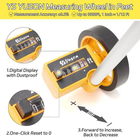 Heavy Duty Digital Walking Measuring Wheel For Construction With 4 Inch Tire showing digital display and reset feature.