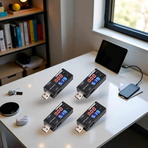 4 Pack USB Power Meters With LCD Readout on a desk, showing USB Current Meter And Voltage Tester 3 To 9V 0 To 5A in use.