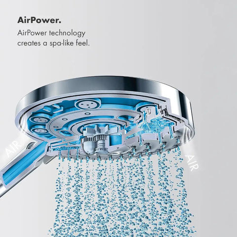 Raindance Select E120 Low Flow Hand Shower With 2.0 GPM And Three Spray Modes Rain Massage Calm Soak Chrome Finish For A Lux Spa Vibe Shower Experience with AirPower technology.