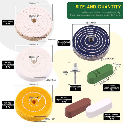 Badass 3 Inch Buffing Polishing Wheel Kit Featuring Workhorse Sisal Denim And Ultra Plush Cotton Buffer Discs Paired With Classic Brown Tripoli White Diamond And Green Rouge Compounds For Shop Grinding Tasks showing size and quantity of components.