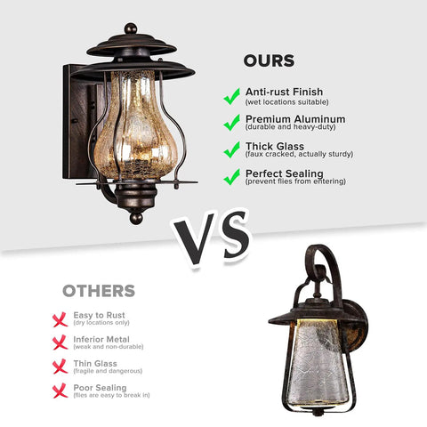 Outdoor Wall Lantern Sconce Lighting for Front Porch and Backyard, Waterproof Rustic Aluminum Exterior vs inferior model comparison