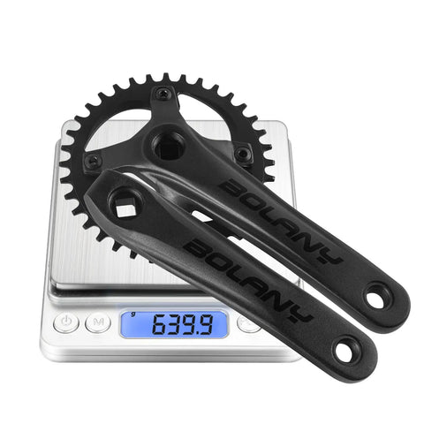 Mountain Bike Crankset 1X Square Taper 104 BCD 170mm With 32T 34T 36T Options on digital scale weighing 639.9 grams