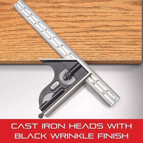 Built Tough Steel Combination Square With Square Head, 150mm Blade, Cast Iron Heads on wood surface