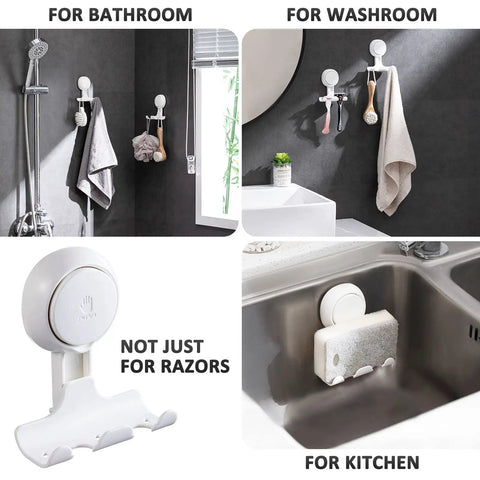 Two Pack Shower Razor Holder With Strong Suction Cup Hooks For Towel Loofah Razor Squeegee Damage Free Wall Mounts Easy To Install And Reuse In White Today shown in bathroom, washroom, and kitchen settings holding various items.