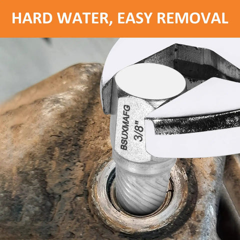 One And A Half Inch Tub Drain Extractor Kit With 6 Pipe Nipple Extractors in use on corroded drain, close-up view.