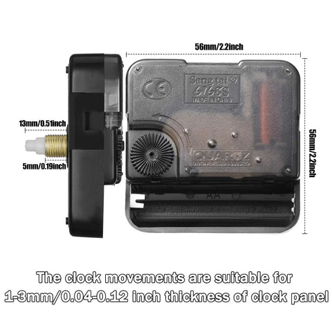 Side and front view of Six Pack Silent Clock Movement Kit With Long Shaft 13mm Quartz Mechanisms, battery powered