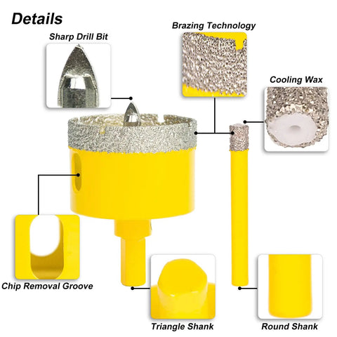 Close-up of a diamond hole saw with labeled features from Diamond Hole Saw Kit 10 Pieces With Pilot Bits For Tile Ceramic Glass Pro Grade Set