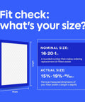 Fit check chart showing nominal and actual dimensions of 16x20x1 air filter MERV 13 MPR 1900 for allergens, bacteria, viruses.