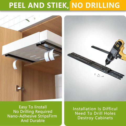 Two Pack Expandable Pull Out Cabinet Organizers 21 Inch Deep showing easy no drilling install with nano-adhesive strips.