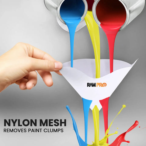 Ultra Fine 190 Micron Paint Filters, 50 Pack Nylon Mesh Strainers in use with multicolor paint flowing through cone filter