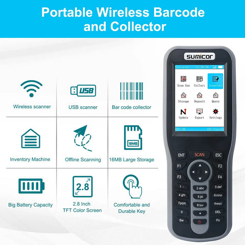 Portable wireless barcode and collector with USB compatibility, large storage, and 2.8 inch screen for inventory and stock tracking.