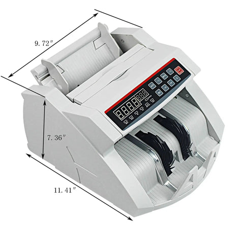 High Speed Money Counter Bill Counter With UV And Magnetic Counterfeit Detection with dimensions labeled on image.
