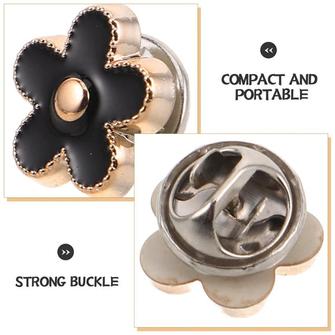 Close-up of Twenty Piece Black Flower Snap Buttons Slick Metal Clip On Fasteners For Apparel Repairs showing strong buckle and flower design.