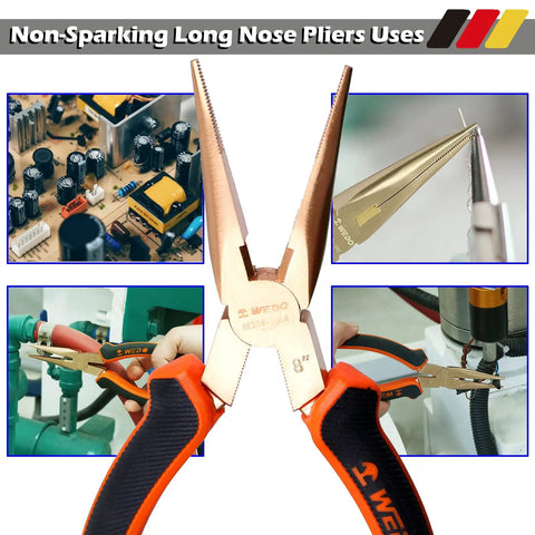 Non-sparking long nose pliers from No Spark 15 Piece Tool Set with beryllium copper for safe workspaces use.