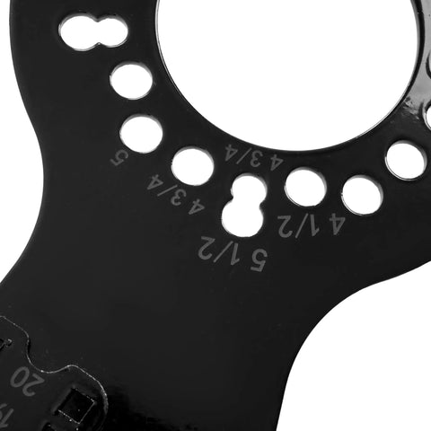 Close-up of the Heavy Duty Wheel Fitment Simulator And Rim Size Mockup Tool covers bolt patterns and sizes 14 to 22 inches.