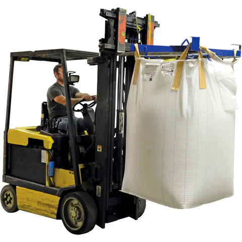 Forklift And Hoist Bulk Bag Lifter With 4000 Lbs Capacity Blue Beast Mode Pallet Bag Lifter Pro lifting a white bulk bag