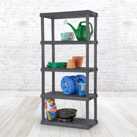 Hustle Proof Five Shelf Heavy Duty Plastic Storage Rack With Ventilated Perforated Shelves Holding Up To One Hundred Fifty Lbs Per Level For Garage Basement Project Organization with gardening supplies.