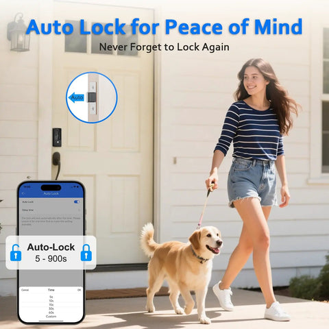 Foolproof Smart Door Lock Deadbolt Featuring Slick Keyless Entry And Smartphone App Control Auto Locking Mechanism Easy Install Matte Black Ready To Roll, with auto-lock feature shown on a smartphone next to a woman walking a dog.