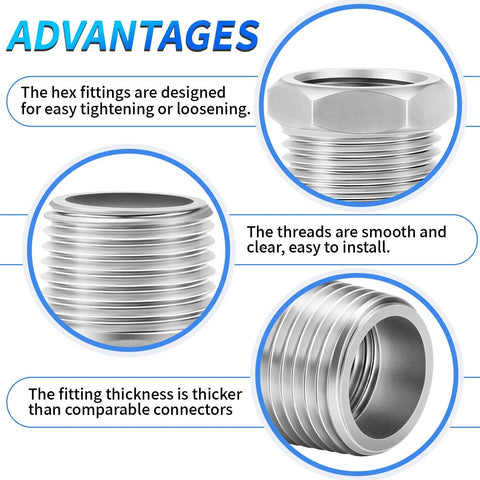 Stainless Steel Reducer Hex Bushing Fitting One Half Inch NPT Male To Three Eighths Inch NPT Female Adapter For Plumbing And DIY Heavy Duty Pro Grade Pipe Thread Connector 304 Stainless Corrosion Resistant 12 Pack, hex view