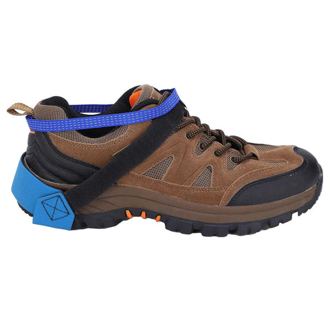 10 Pack Anti Static Foot Heel Straps For ESD Work on brown hiking shoe, blue synthetic rubber grounding straps