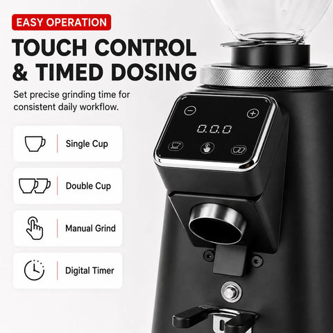 Product interface of Top Tier Commercial Espresso Grinder Featuring 64Mm Stainless Steel Flat Burrs with digital timer and touch control.
