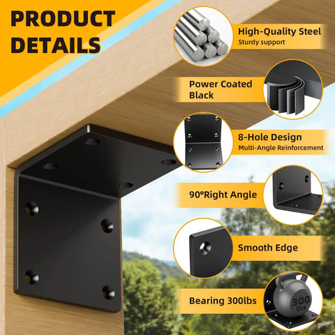Heavy Duty Corner L Brackets For Wood Framing 4 Pack Solid 6X6 Steel Mounts With Rust Proof Black Coating And Smooth Edges, designed with 8 holes for reinforcement.
