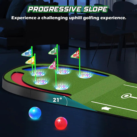Kids Golf Putting Mat 7.8 Ft With LED Light Up Holes Glowing Balls Two Clubs Indoor Outdoor Toy Golf Game