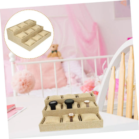 Top Linen Watch Tray With 9 Grids For Jewelry And Watch Storage on a desk with watches, made of khaki linen in a stylish layout.
