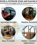 Indoor & outdoor stair and railing kit components with industrial strength and weather-resistant features for installation.