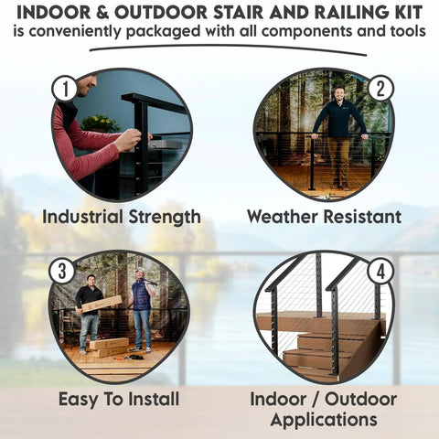Indoor & outdoor stair and railing kit components with industrial strength and weather-resistant features for installation.