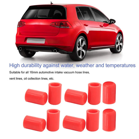 Silicone Intake Vacuum Hose Cover Kit, 10Pcs, 16mm Inner Diameter Car Vacuum Hose Caps next to red car