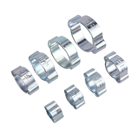 Top Notch 140 Piece Double Ear Hose Clamp Assortment Kit In Corrosion Resistant Zinc Steel, various sizes 5 to 23mm for RV plumbing.