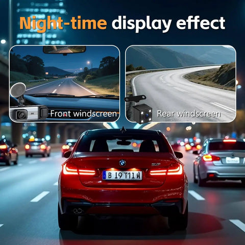 Night driving view with All Around 360 Degree Dash Cam showing front and rear 4K and 1080p feeds, 8 IR night vision lamps active