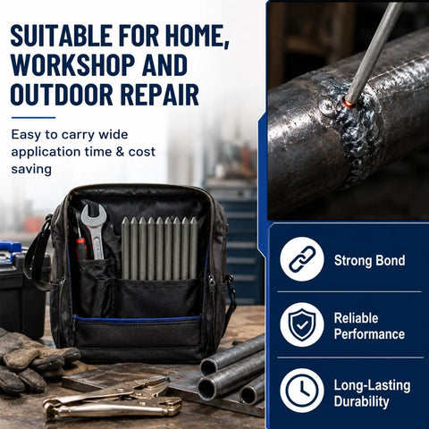 Low Temperature Universal Metal Welding Rods Kit For Aluminum Stainless Steel And Iron Repairs DIY Ready Easy Melt With Lighter No Torch Needed 12 Piece Set For Home Garage displayed on a workbench with tools.