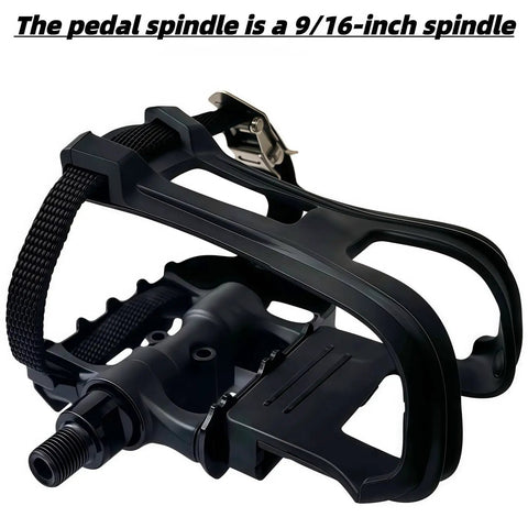 Alloy-Composite Bike Pedals With Adjustable Toe Clips And Straps For A Smooth 360 Degree Spin, showing 9/16 inch spindle