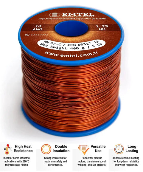 16 AWG Enameled Copper Wire For Motors And Transformers 1 Lb Spool 129 Feet 99.9 Percent Pure Copper Magnetic Coil Wire Double Insulated High Temperature 220C Thermal Class Ideal For Windings And Electroculture Gardening