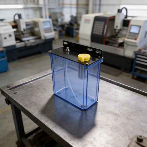 Heavy Duty 3L Cnc Lubrication Tank With Integrated Filter on a metal workbench in a machining shop.