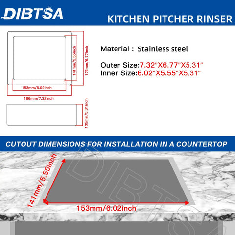 Diagram of countertop installation dimensions for Pitcher Rinser With Base, showcasing measurements in stainless steel material