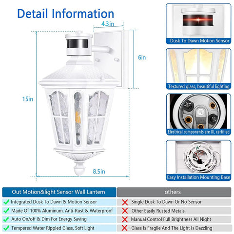 Easy Install Outdoor Motion Sensor Wall Lights With Dusk To Dawn Sensor LED Lantern Exterior Fixture, white finish, detail view