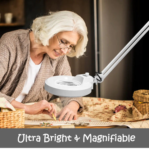 LED Floor Lamp With Magnifying Glass Light For Reading And Crafting, woman using magnifier for detailed sewing task