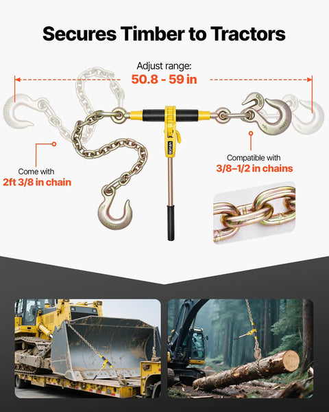 No Nonsense Heavy Duty Ratchet Chain Binder Secure Cargo Like A Pro, 9200 Lb Working Load With G80 Steel, Fits 3/8 To 1/2 Inch Chains, Rock Solid Tie Down Kit For Trucks, Towing, And Logging Jobs, adjusts 50.8-59 in for securing timber.