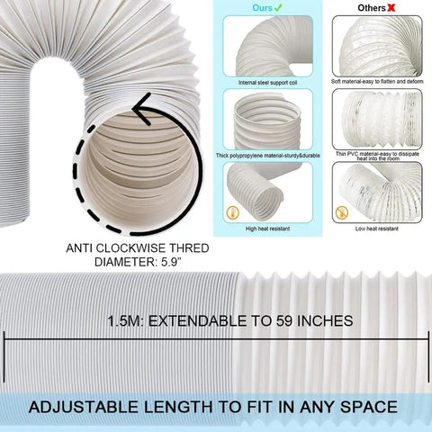 Portable AC Exhaust Hose With Coupler 59 Inch Universal Vent Kit Anti Clockwise Thread 5.9 Inch Duct Hose For Most Portable AC Units Easy Fit Durable Hose And Coupler, showing hose details and installation.