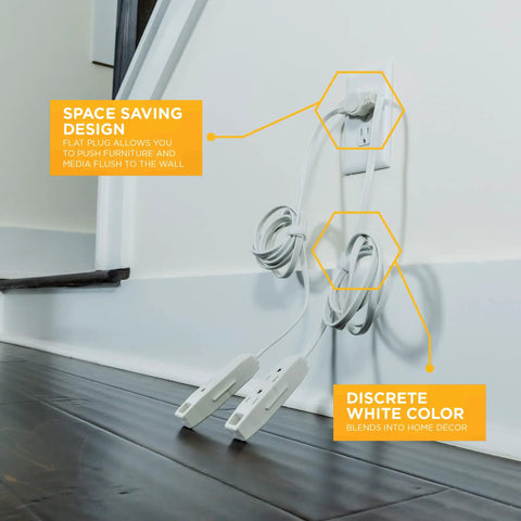 Flat Plug Sofa Power Cord With Six Outlets Total, Two Six Foot Cords, 16 Gauge Grounded Three Prong Plug, White Cable