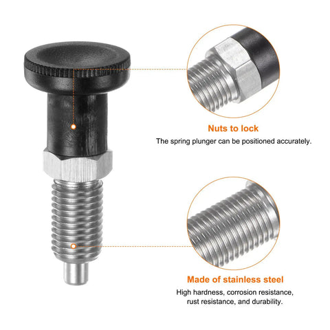 2 Pack Push Fit Ball Nose Spring Plunger M12x1.5 Thread 6mm Pin Shaft Stainless Steel Return Knob shown with locking nuts and detailed threaded shaft.