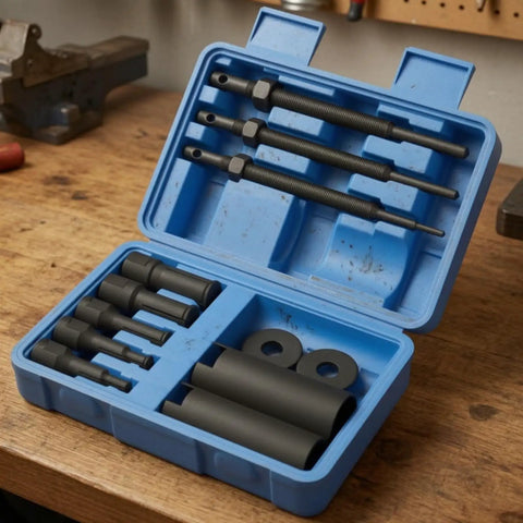 High Quality 12 Piece Internal Bearing Puller Tool Kit Made From Heat Treated 45 Steel Comes With Adapters Sleeves And Rods In Molded Case Great For Badass Garage Work And Nasty Bike Repairs Perfect For Diy Mechanics Who Want Sturdy Gear For Home Use. Open blue case with 12-piece steel bearing puller set
