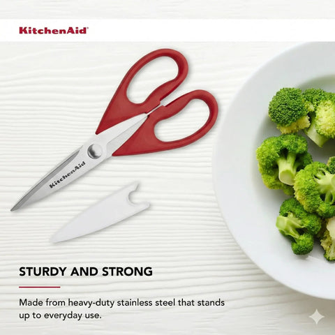 Top Shelf All Purpose Kitchen Shears With Protective Sheath Ridiculously Sharp Stainless Steel Blades Dishwasher Safe Cozy Comfort Grip next to fresh broccoli.