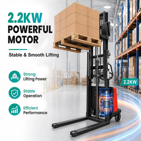 Heavy Duty Electric Pallet Jack Forklift Stacker With 3500 Lbs Capacity And Deep Lift Features Industrial Grade Motor in warehouse with boxes.