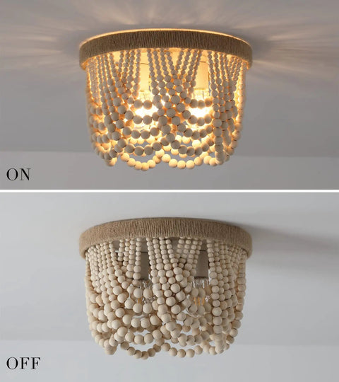 Boho Chic Wood Beaded Flush Mount Light Fixture, Rustic Farmhouse Three Light Chandelier in on and off states, natural hemp trim.