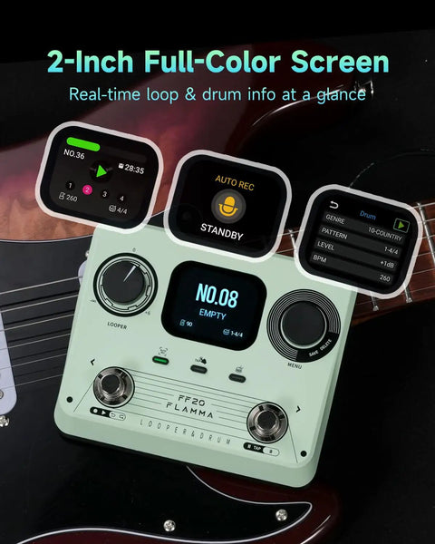 Dual Footswitch Stereo Looper Pedal For Guitar And Bass With Screen Auto Record shown on guitar body